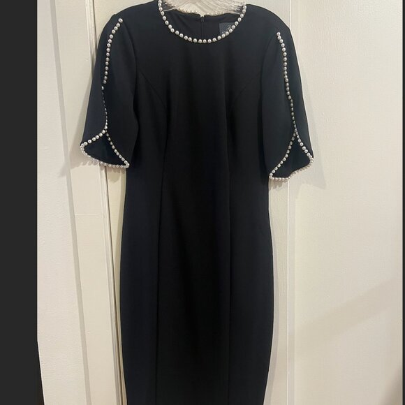 Adrianna Papell Pearl Trim Crepe Midi Dress (Size 8) - Picture 6 of 12